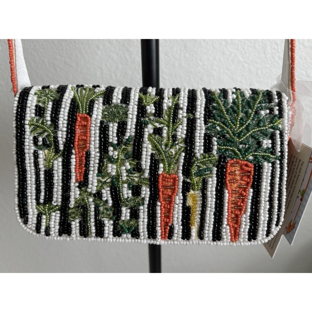 NWT Handcrafted India Beaded Carrot Shoulder Bag Black White Striped Purse